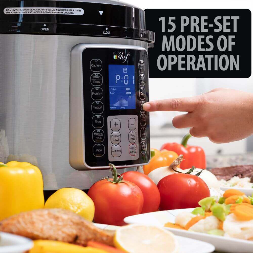 Deco Chef 8 QT 10-in-1 Pressure Cooker – Instant Rice, Sauté, Slow Cook, Yogurt, Meats, Deserts, Soups, Stews – Includes Recipe Book, Tempered Glass Lid, Mitts, Grill Rack, and Steaming Basket, Stainless Steel - DecoGear