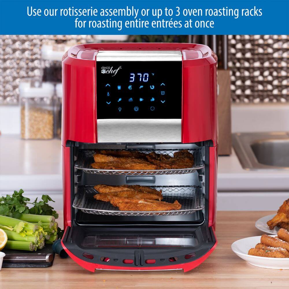 Deco Chef 12.7 QT Digital Air Fryer Oven with 8 Preset Cooking Modes, 1700W Power, Cool-Touch Housing, Includes 3 Roasting Racks, Oil Drip Tray, Rotating Basket, Rotisserie Assembly, ETL Certified, Red - DecoGear