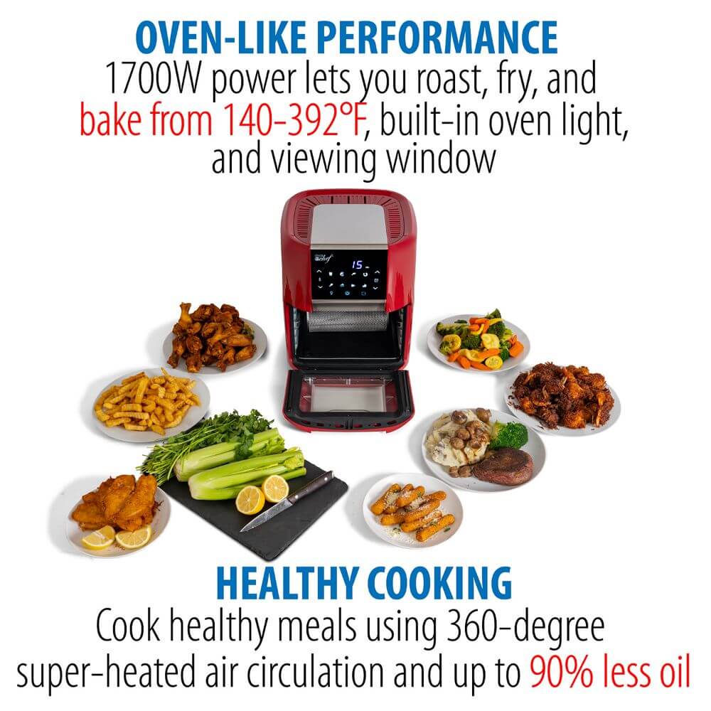 Deco Chef 12.7 QT Digital Air Fryer Oven with 8 Preset Cooking Modes, 1700W Power, Cool-Touch Housing, Includes 3 Roasting Racks, Oil Drip Tray, Rotating Basket, Rotisserie Assembly, ETL Certified, Red - DecoGear