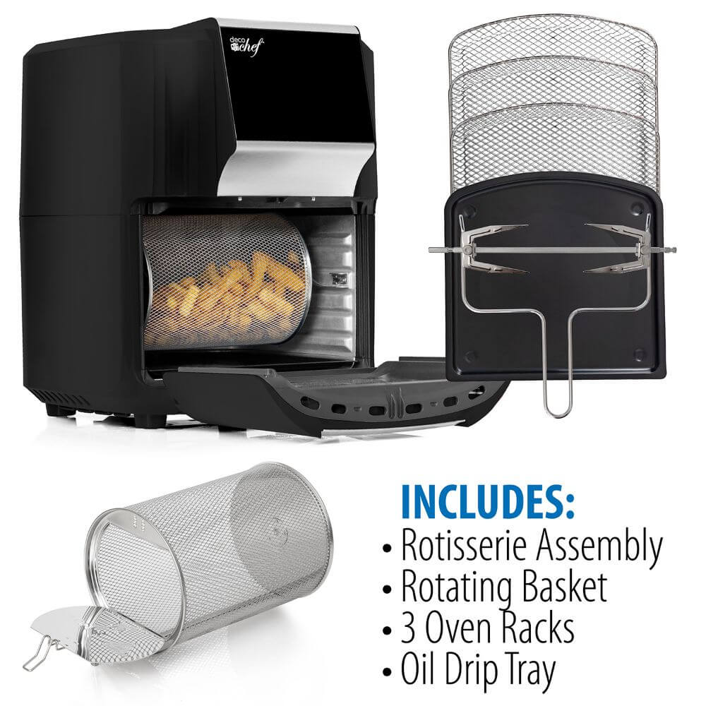 Deco Chef 12.7 QT Digital Air Fryer Oven with 8 Preset Cooking Modes, 1700W Power, Cool-Touch Housing, Includes 3 Roasting Racks, Oil Drip Tray, Rotating Basket, Rotisserie Assembly, ETL Certified, Black - DecoGear