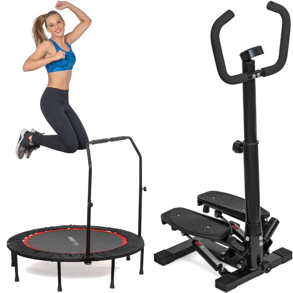 Deco Home Exercise Step Machine w/Adjustable Stability Handle Bars, Non-Slip Pedals, and LCD Tracking Display with 48-inch Indoor/Outdoor Fitness Trampoline, Folding Mini Rebounder, Steel Construction - DecoGear