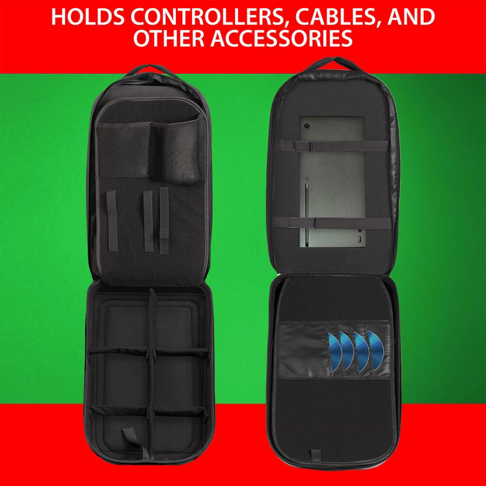 Holds controllers, cables, and other accessories