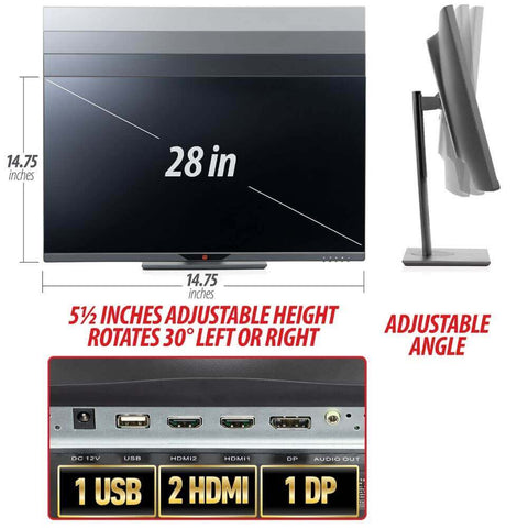 Deco Gear 28" 4K Ultrawide IPS Monitor, 60 Hz, 4 ms, 1 Billion Colors, 100% sRGB, 16:9 - Deco Gear