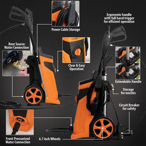 Deco Home 1800W Electric Pressure Washer with Auto Stop Water Gun, 4 Spray Nozzle Types