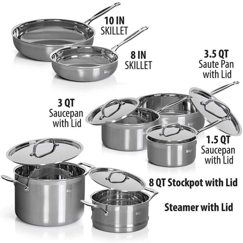 Deco Chef 12-Piece Stainless Steel Cookware, Tri-Ply Base for Even and Consistent Cooking, Riveted Handles - Deco Gear