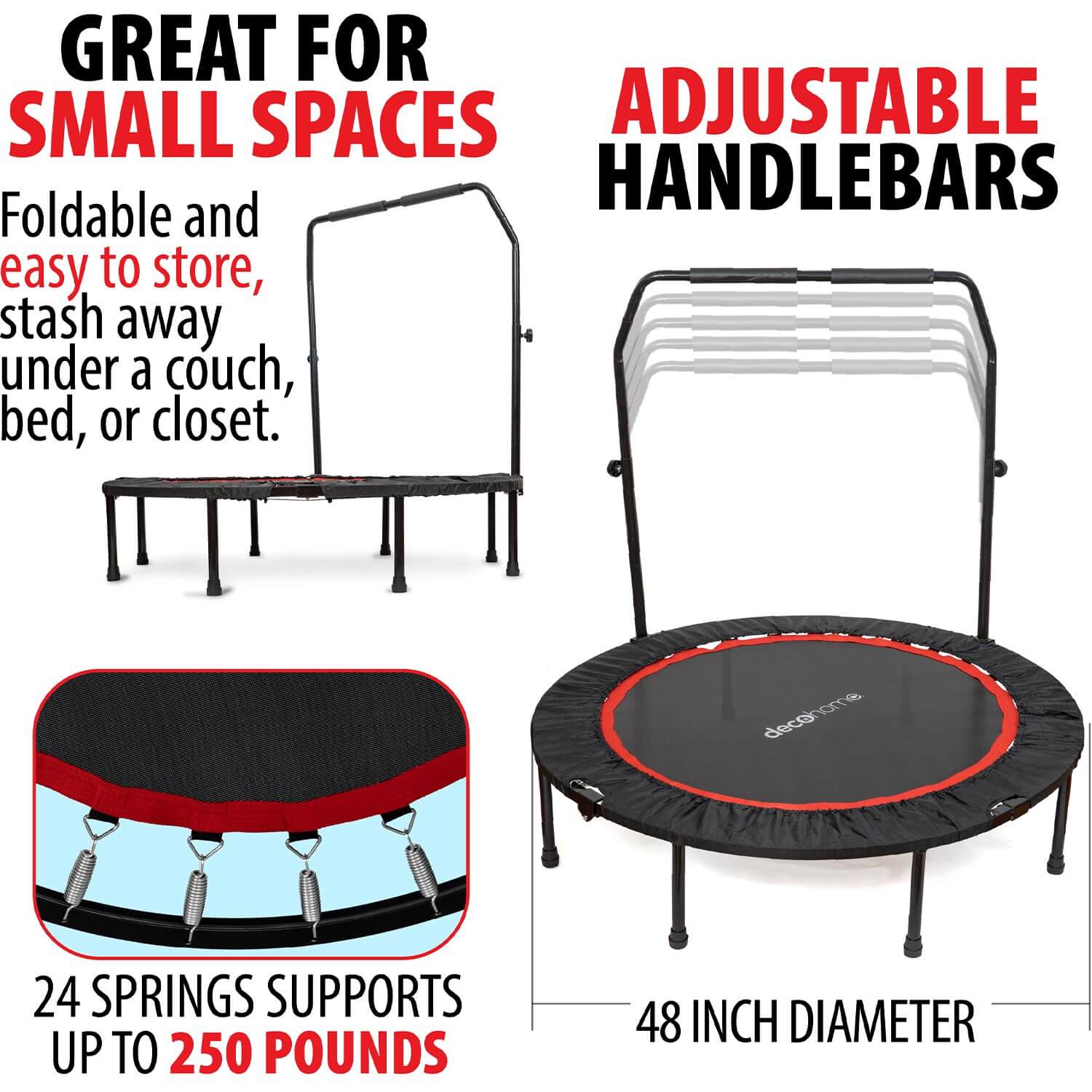 Deco Home 48-inch Indoor/Outdoor Fitness Trampoline, Folding Mini Rebounder with Adjustable Handle Bar, Durable Steel Construction - DecoGear