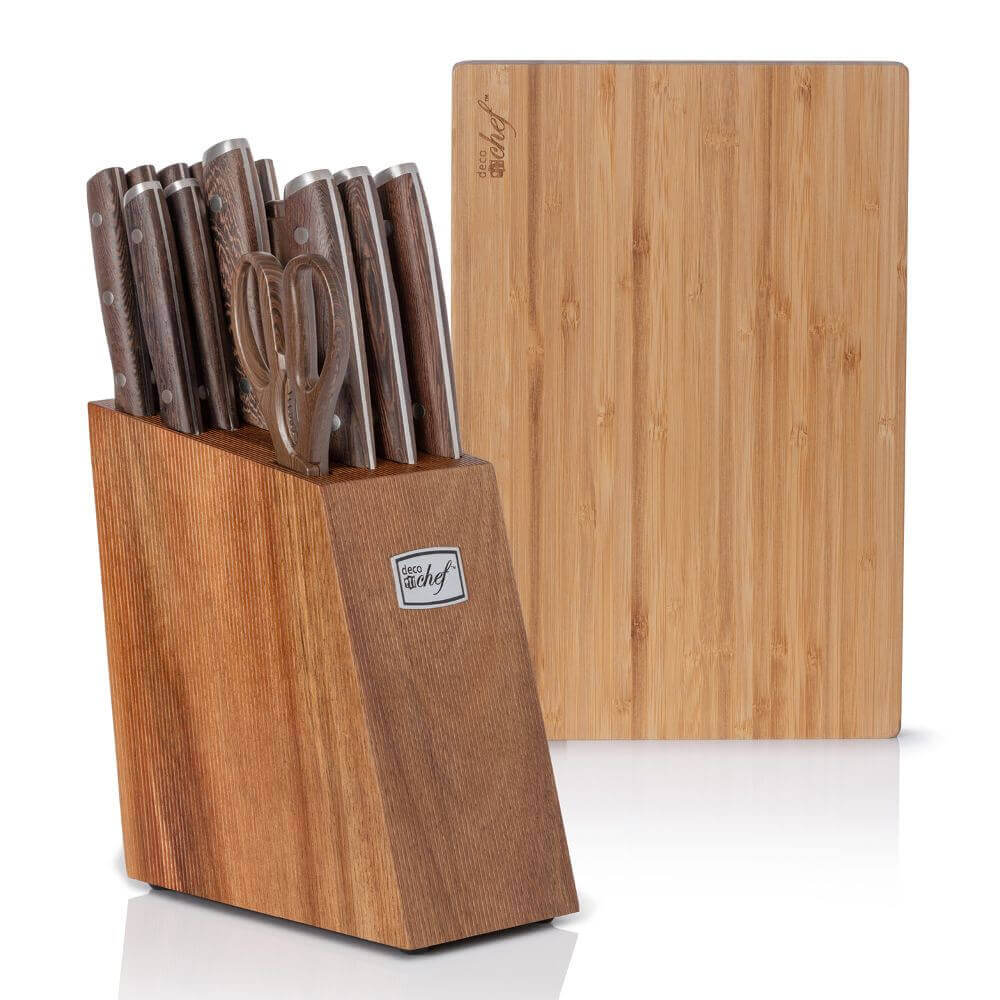 Deco Chef 16 Piece Kitchen Knife Set with Wood Handles, 8" Chef Knife, 6.5” Cleaver, 8” Bread Knife, 8” Slicing Knife, 5” Utility Knife 3.5” Paring Knife, 6 Steak Knives, Kitchen Shears, and More! - DecoGear