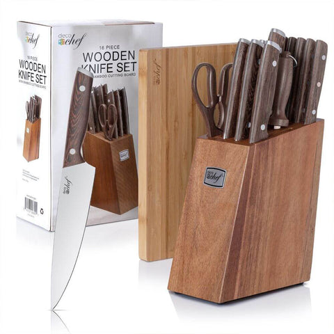 Deco Chef 16 Piece Kitchen Knife Set with Wood Handles, 8" Chef Knife, 6.5” Cleaver, 8” Bread Knife, 8” Slicing Knife, 5” Utility Knife 3.5” Paring Knife, 6 Steak Knives, Kitchen Shears, and More! - DecoGear