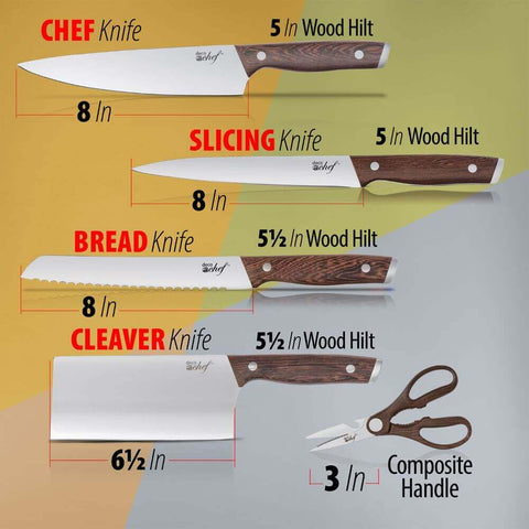 Deco Chef 16 Piece Kitchen Knife Set with Wood Handles, 8" Chef Knife, 6.5” Cleaver, 8” Bread Knife, 8” Slicing Knife, 5” Utility Knife 3.5” Paring Knife, 6 Steak Knives, Kitchen Shears, and More! - DecoGear