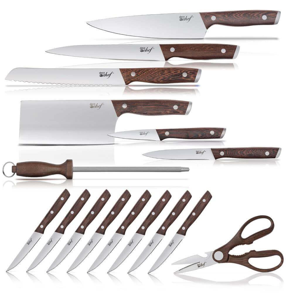 Deco Chef 16 Piece Kitchen Knife Set with Wood Handles, 8" Chef Knife, 6.5” Cleaver, 8” Bread Knife, 8” Slicing Knife, 5” Utility Knife 3.5” Paring Knife, 6 Steak Knives, Kitchen Shears, and More! - DecoGear