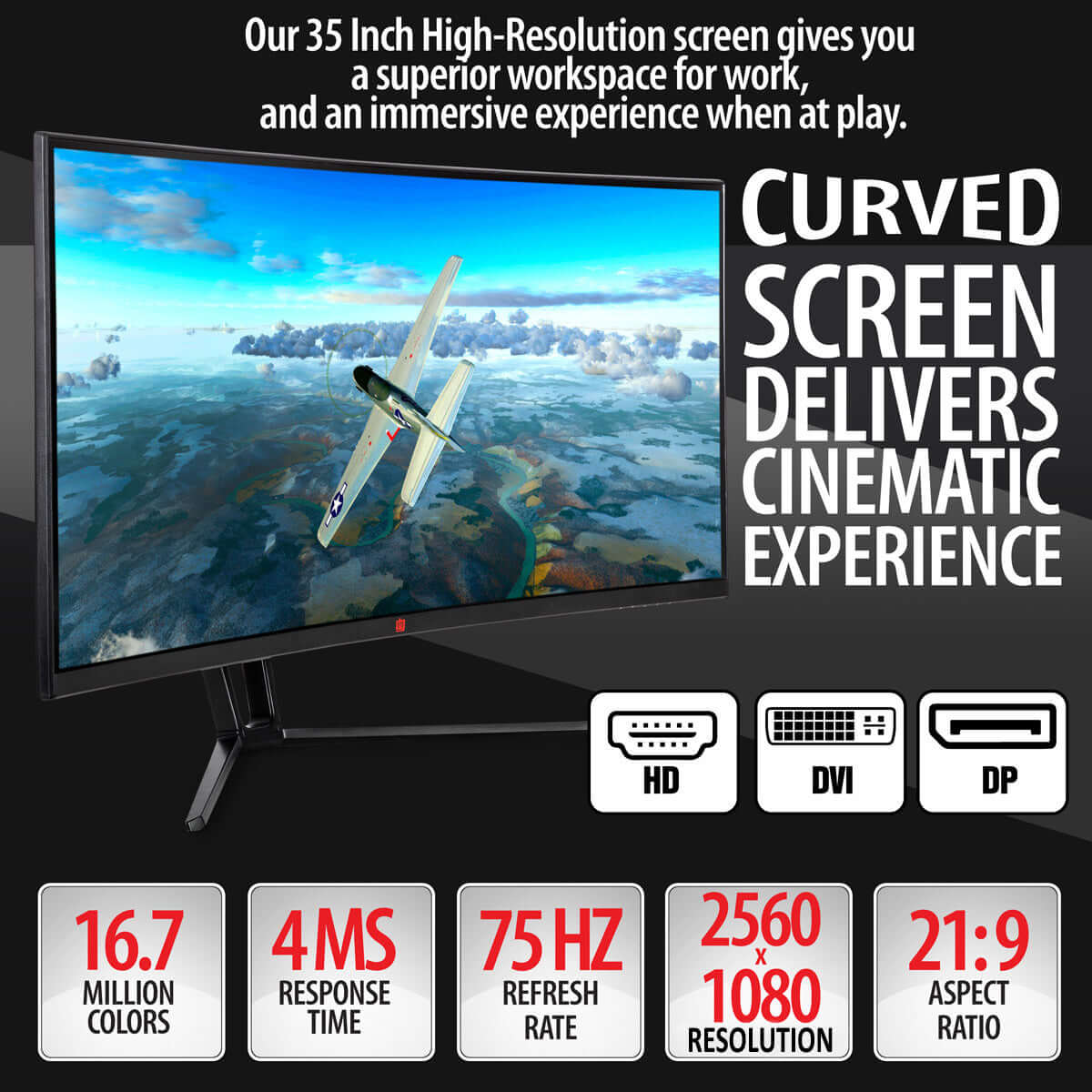 Deco Gear 35" Curved Ultrawide LED Gaming Monitor 21:9 Aspect Ratio, Crisp 2560 x 1080 Resolution, 16.7 Million Colors, 75 HZ Refresh Rate, 2000:1 Contrast Ratio, (HDMI, DVI, and DP Connections) - DecoGear