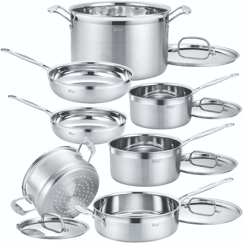 Deco Chef 12-Piece Stainless Steel Cookware, Tri-Ply Base for Even and Consistent Cooking, Riveted Handles - Deco Gear