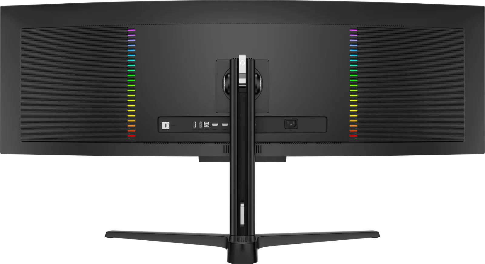 The back of the monitor: two vertical RGB light bars, the slim stand post and the three-legged base