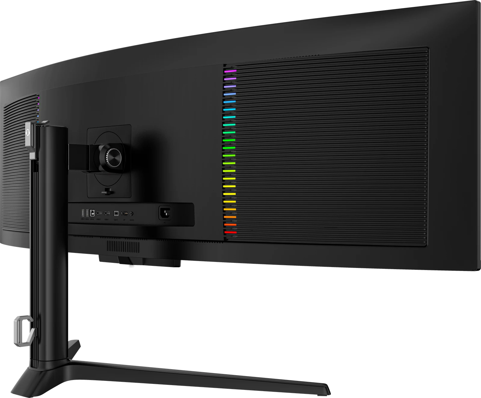 Rear three-quarter view of the monitor, with two vertical RGB light bars on the back