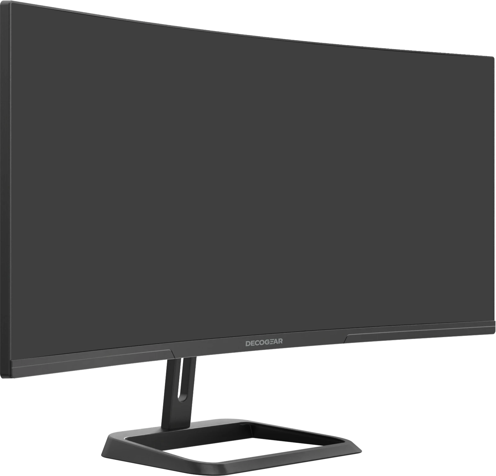 Front three-quarter view of the Deco Gear 34-inch curved monitor on its open rectangular base