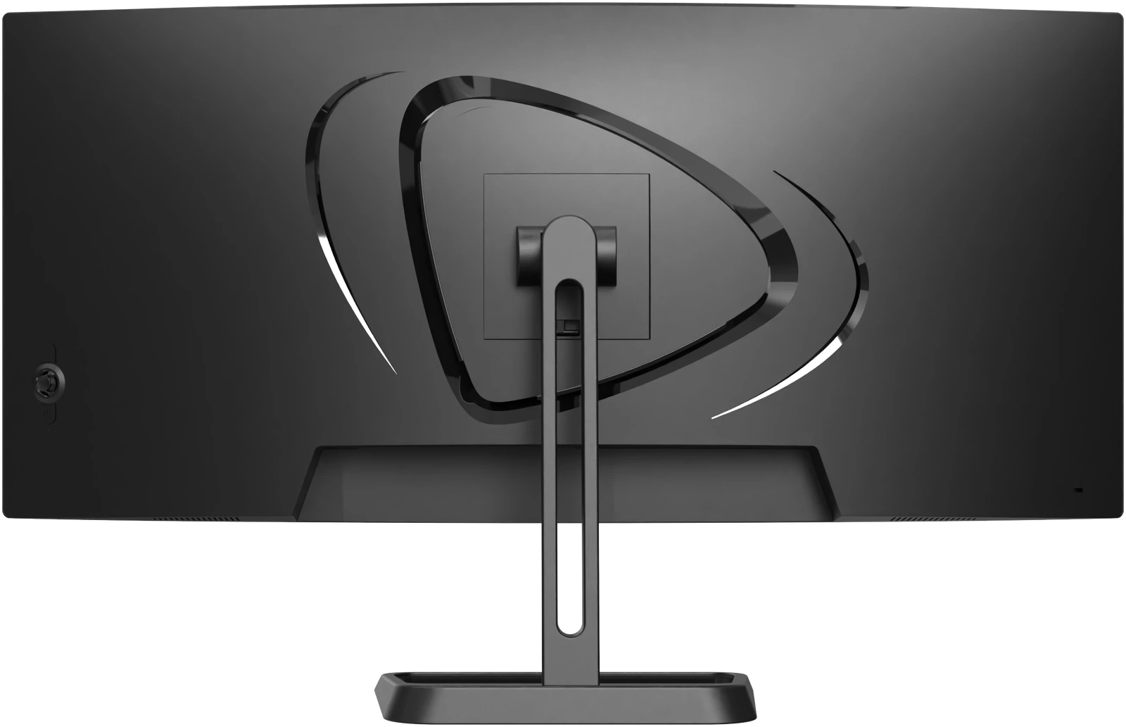 The back of the monitor: the stand post rising to the square VESA mount plate, inside the sculpted panel
