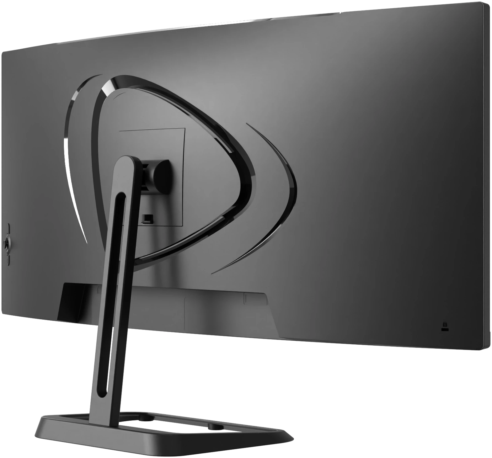 Rear three-quarter view of the monitor, with the sculpted panel on the back and the stand post in front of it