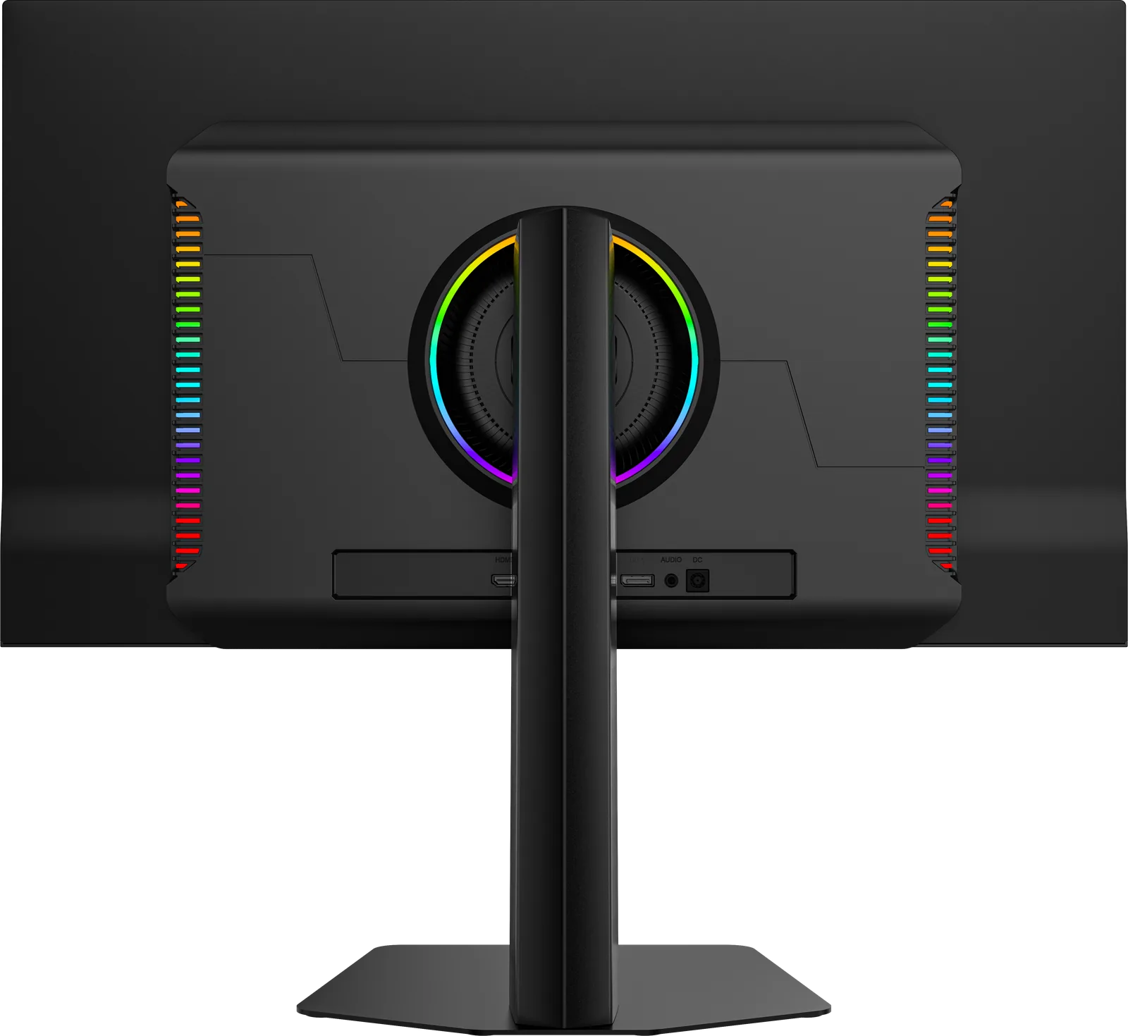 The back of the monitor: the stand post rising to the round mount at the center