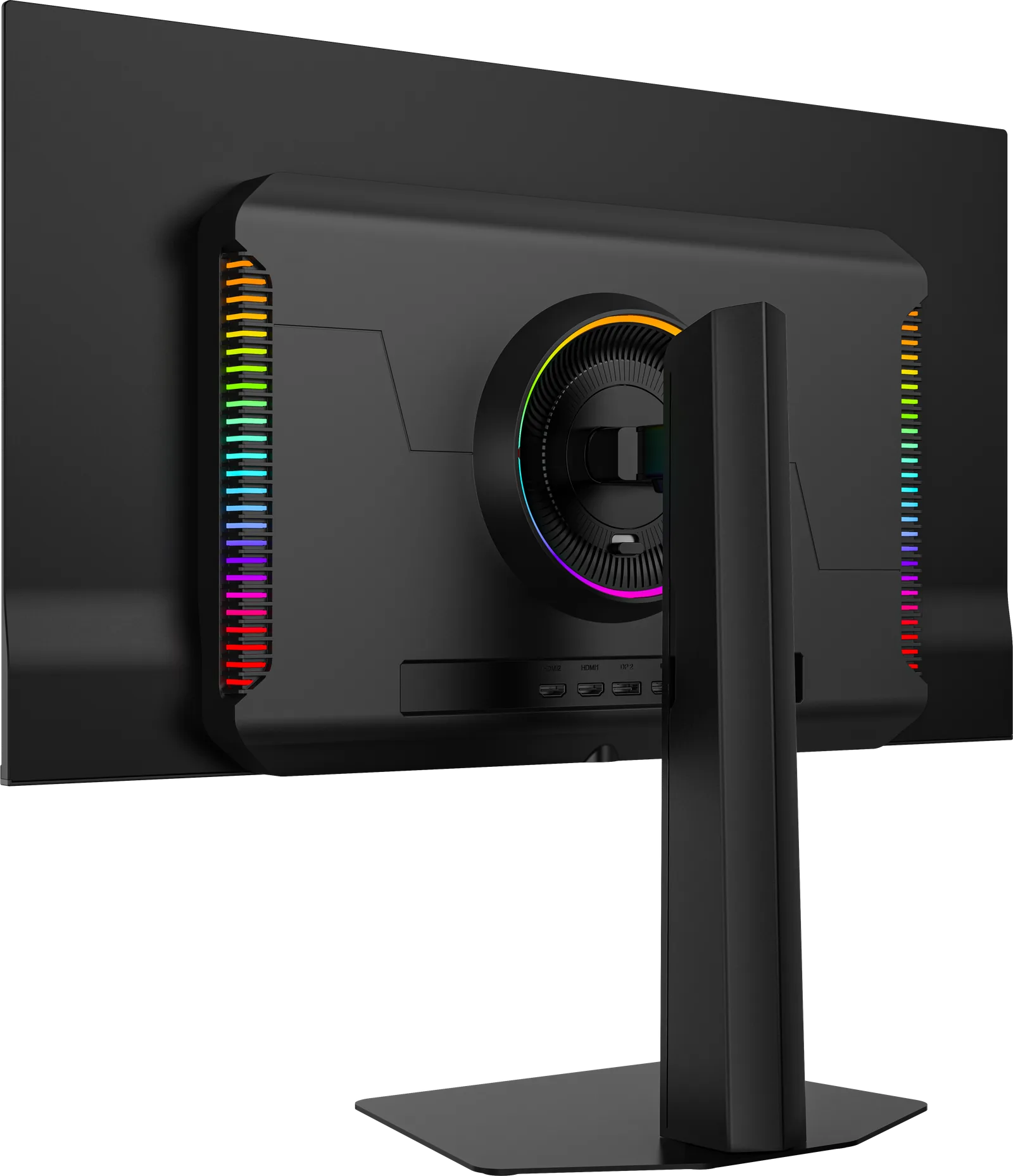 Rear three-quarter view of the monitor, with the stand post rising to the back of the monitor