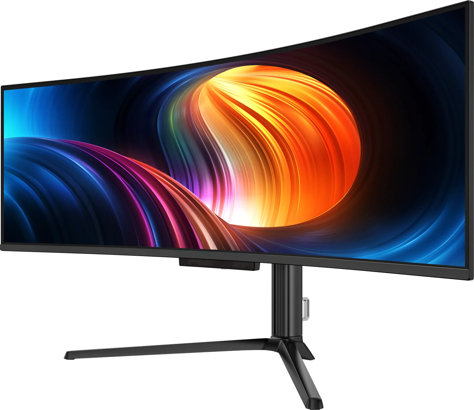 Front three-quarter view of the Deco Gear 49-inch curved OLED monitor on its three-legged stand