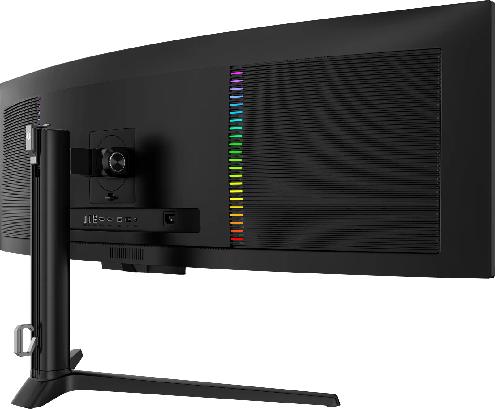 Rear three-quarter view of the monitor, with the stand post, the VESA mount and the input panel on the back