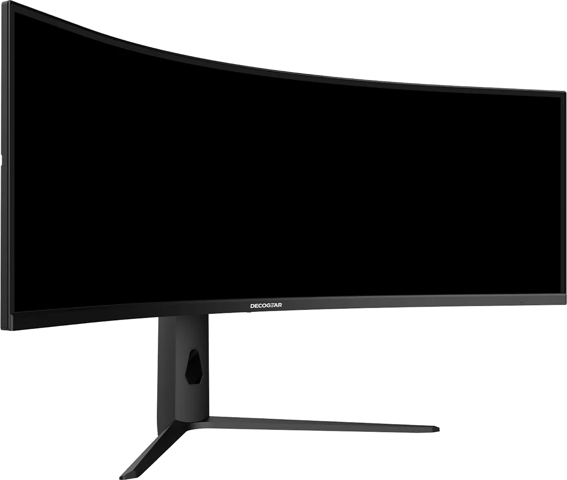 Front three-quarter view of the Deco Gear 49-inch 240 Hz R1000 monitor on its two-leg stand