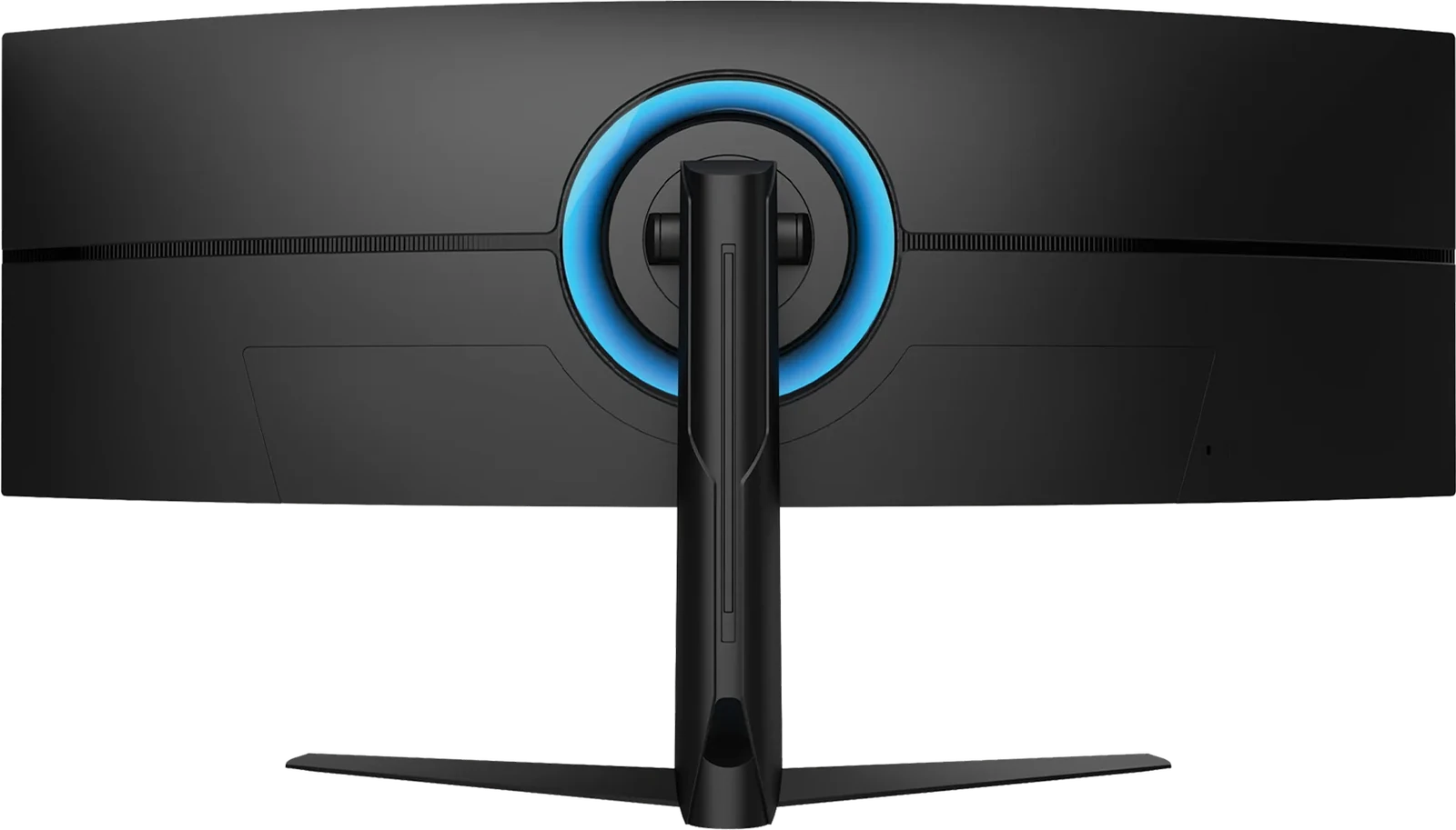 The back of the monitor: the slim stand post, the two-leg base and a blue ring around the stand mount