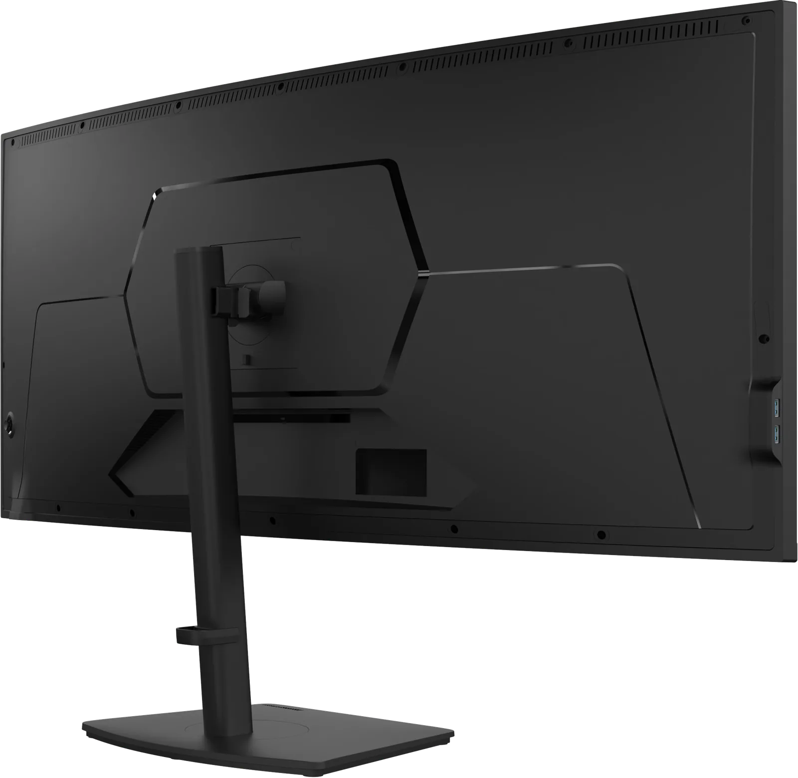Rear three-quarter view of the monitor, with the hexagon-shaped panel and the stand mount on the back