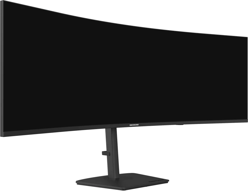 Deco Gear 49-inch DQHD curved monitor in black, front three-quarter view (representative image)