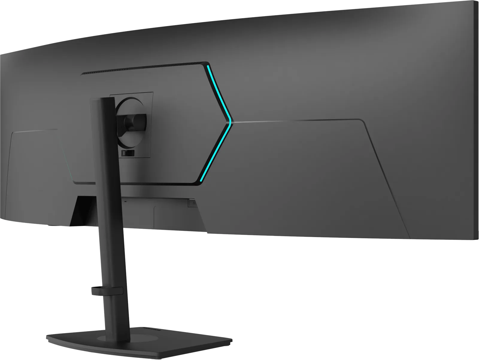 Rear three-quarter view of the Deco Gear 49-inch monitor with its cyan-edged hexagon panel