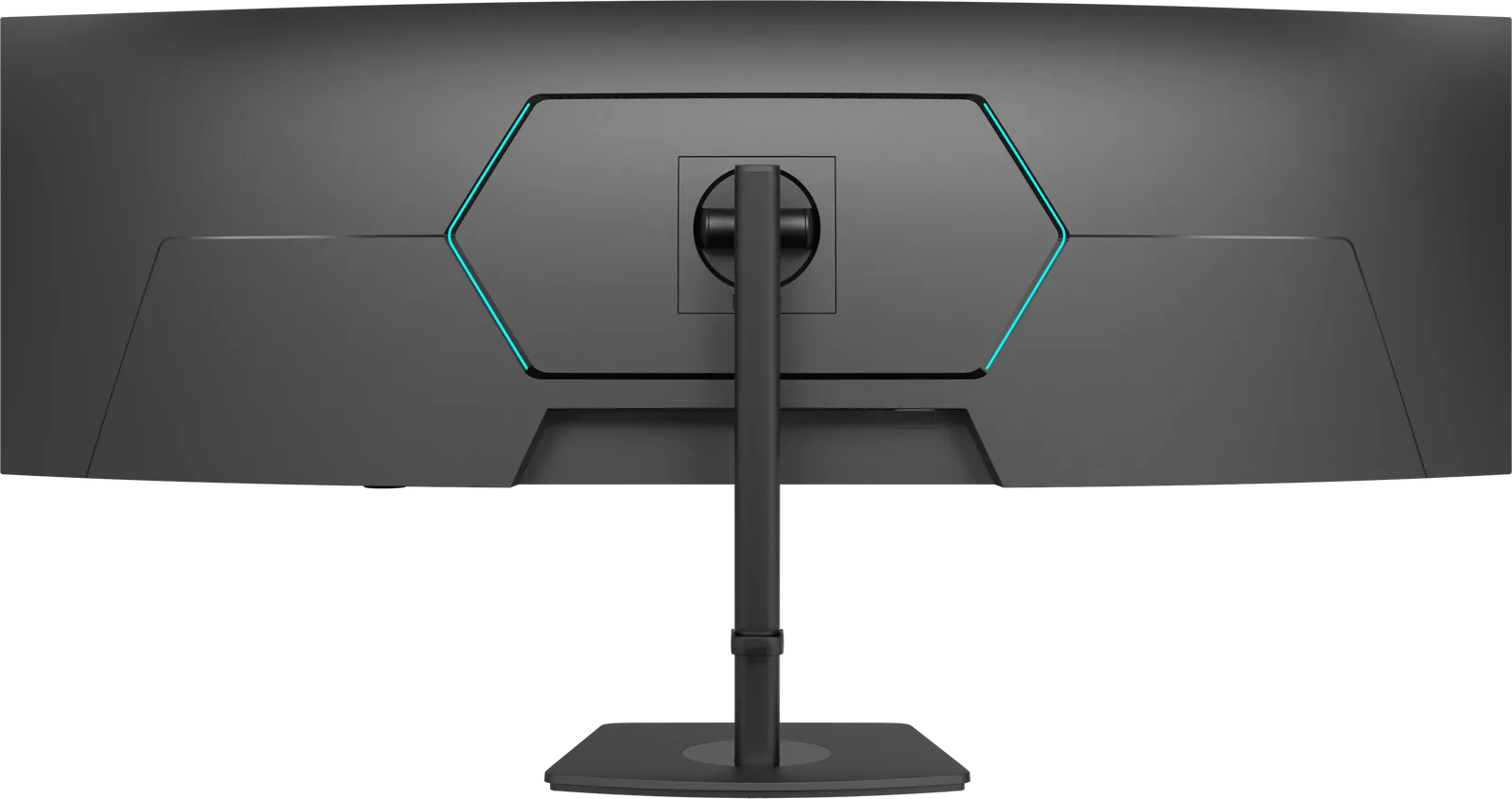 Deco Gear 49-inch curved monitor seen from the back, with the cyan-lit hexagonal panel and height-adjustable stand