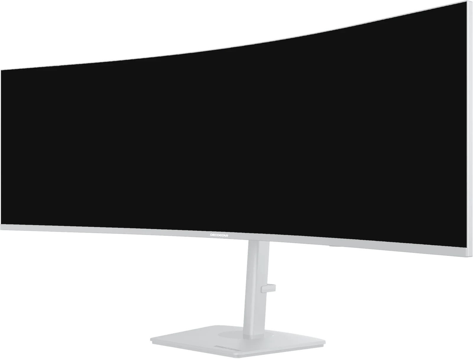 Front three-quarter view of the Deco Gear 49-inch white curved monitor on its white stand