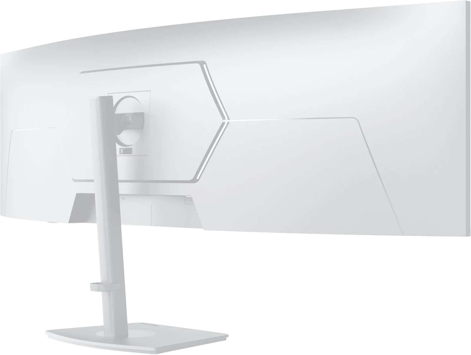Rear three-quarter view of the white monitor, with its stand mount on the back